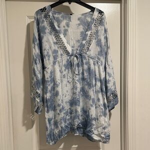 Boho Me Eyelet Bell Sleeve Blue Tie-Dye Tunic Dress/Cover Up